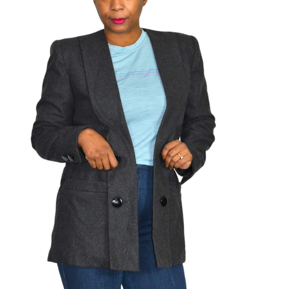 Vintage Sasson Blazer Jacket Grey Wool Menswear Shoulder Pads 80s Boxy Size 6